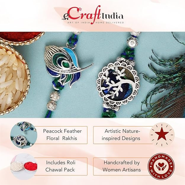 eCraftIndia Unisex Adult Set Of 2 Peacock Feather And Floral Designer Rakhis