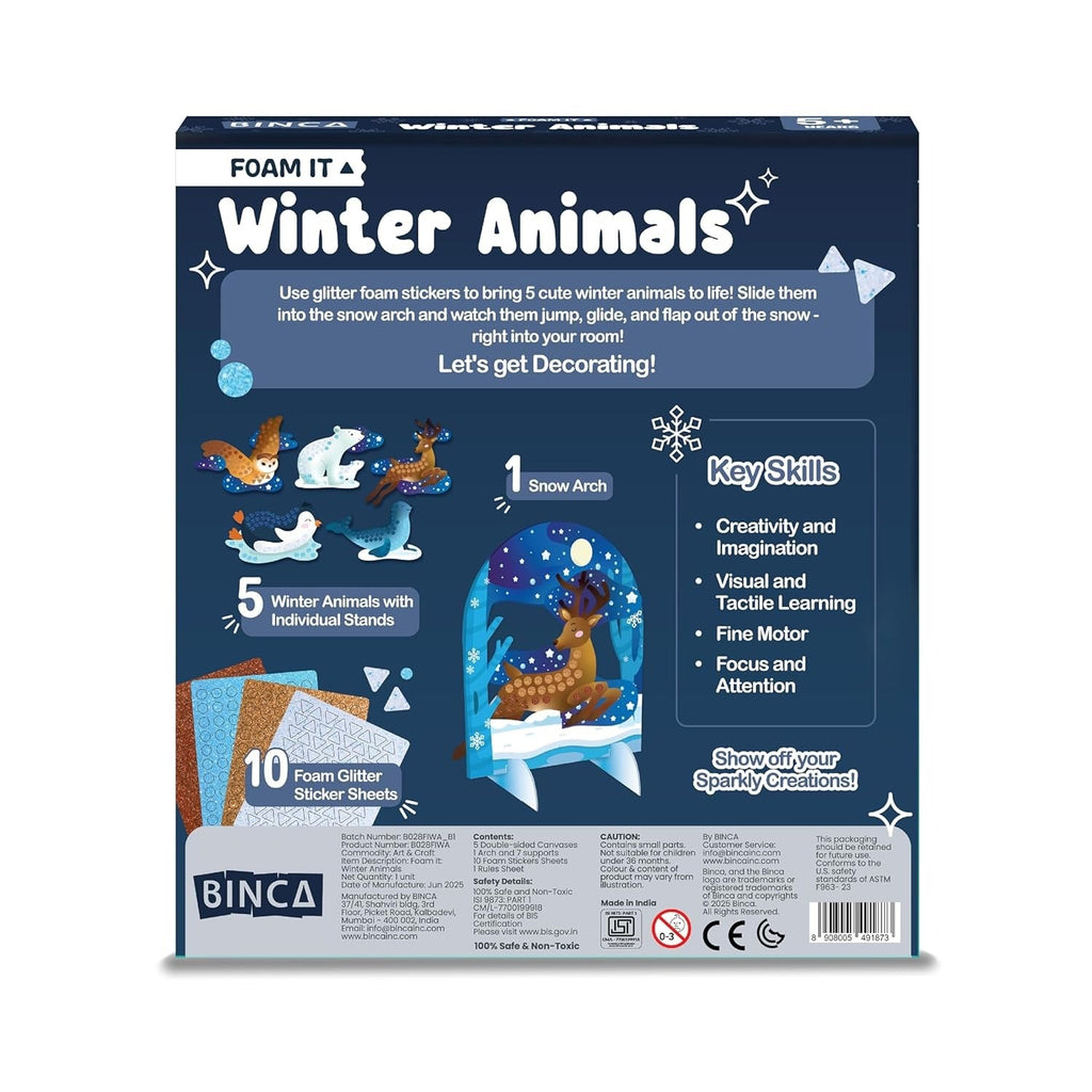 Binca Foam Sticker Mosaic Art Activity, 750+ 3D Glitter Foam Stickers 5 Winter Animals with Display Arch for Boys & Girls Ages 5,6,7,8
