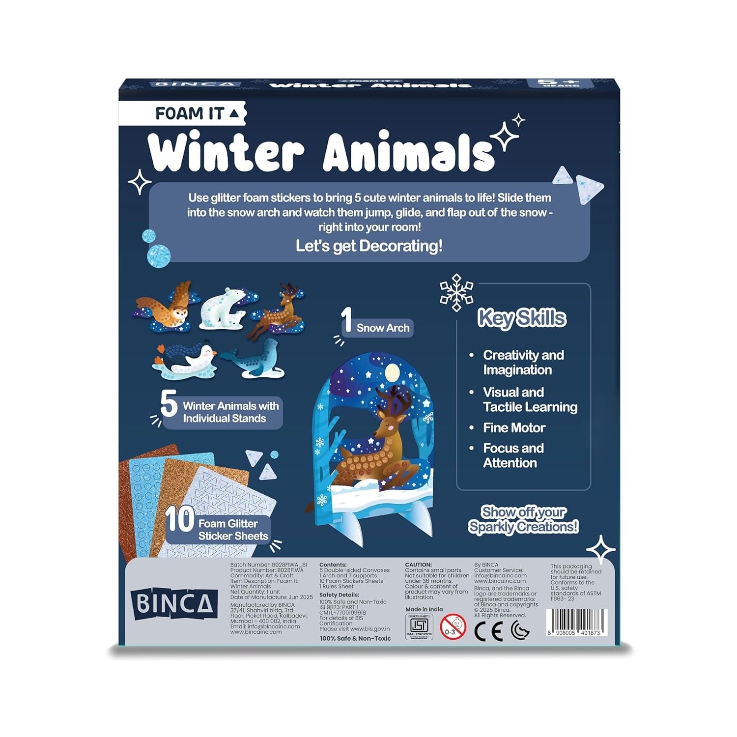 Binca Foam Sticker Mosaic Art Activity, 750+ 3D Glitter Foam Stickers 5 Winter Animals with Display Arch for Boys & Girls Ages 5,6,7,8