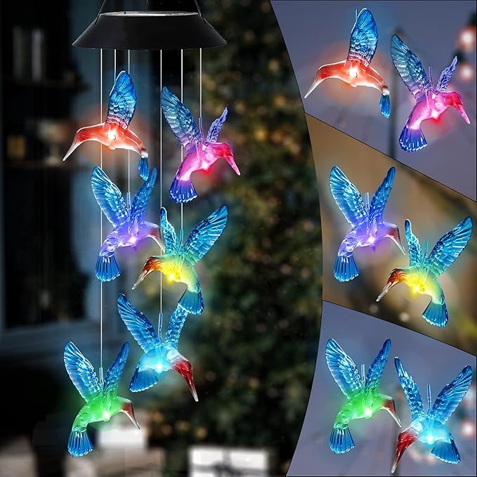 HiSolar Hummingbird Solar Wind Chimes Color Changing Solar Mobile Lights Color Blue