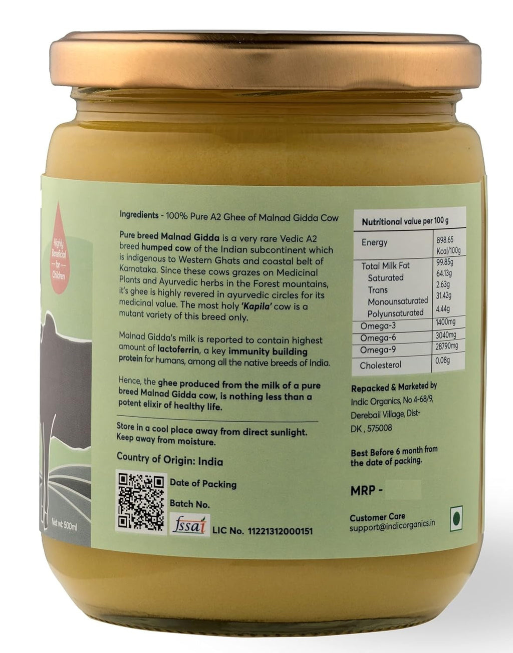 Indic Organics Forest Grazing Rare Malnad Gidda Desi Cow's A2 Ghee - 1 Kg
