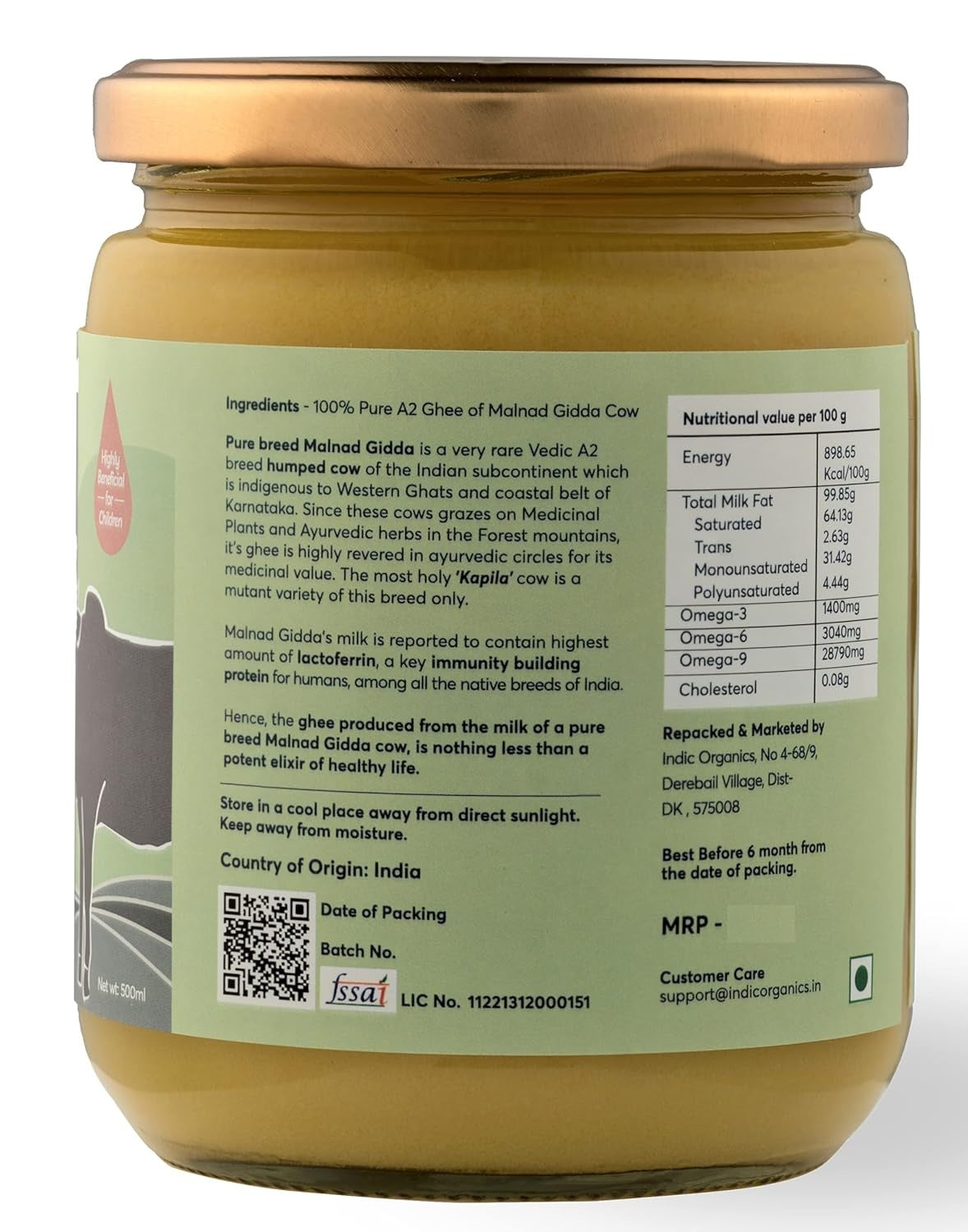 Indic Organics Forest Grazing Rare Malnad Gidda Desi Cow's A2 Ghee - 1 Kg