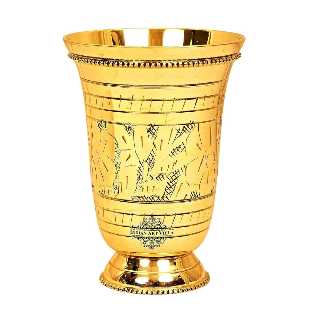 Indian Art Villa Pure Brass Glass Tumbler With Mughlai Etched Design - 250 gms