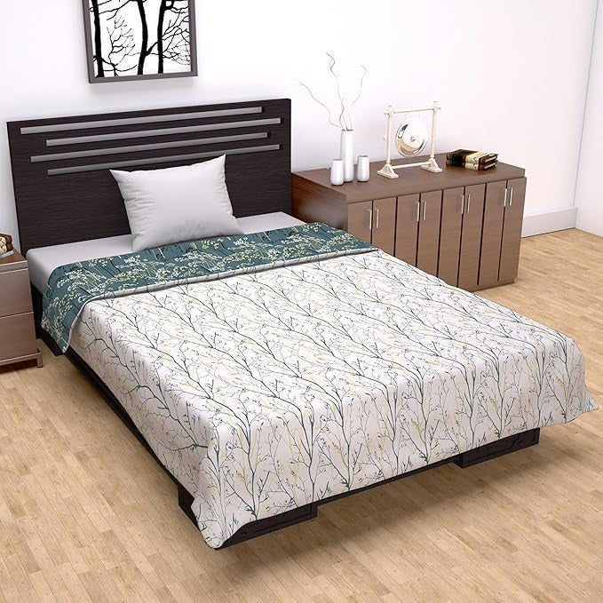 Divine Casa 120 GSM Microfiber Single Dohar Soft & Lightweight Throw Blanket Floral Branches Pattern Colour Teal & White