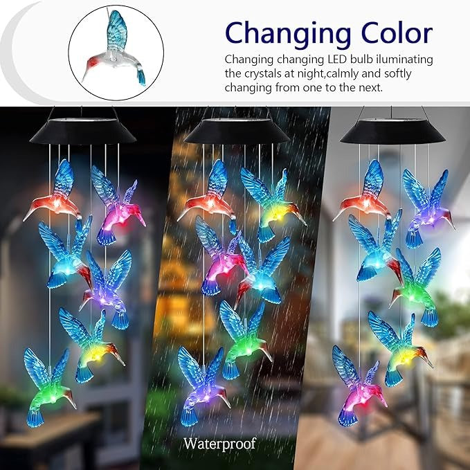 HiSolar Hummingbird Solar Wind Chimes Color Changing Solar Mobile Lights Color Blue