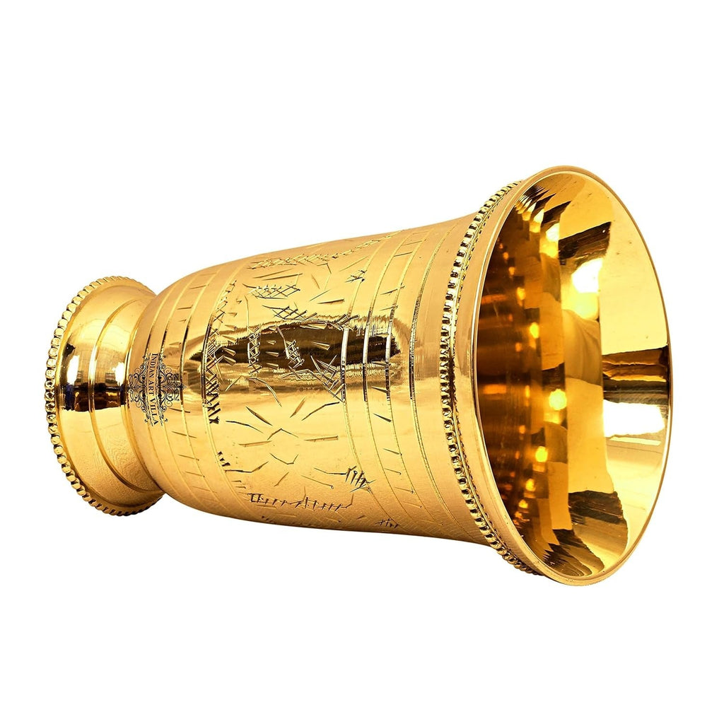 Indian Art Villa Pure Brass Glass Tumbler With Mughlai Etched Design - 250 gms