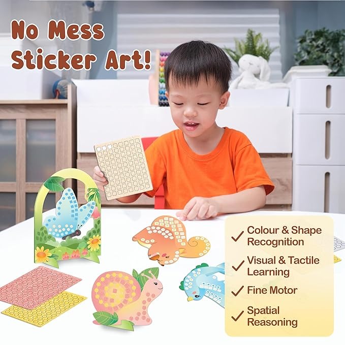 Binca Foam Sticker Mosaic Art Activity, 750+ 3D Glitter Foam Stickers, 5 Garden Animals with Display Arch for Boys & Girls Ages 5,6,7,8
