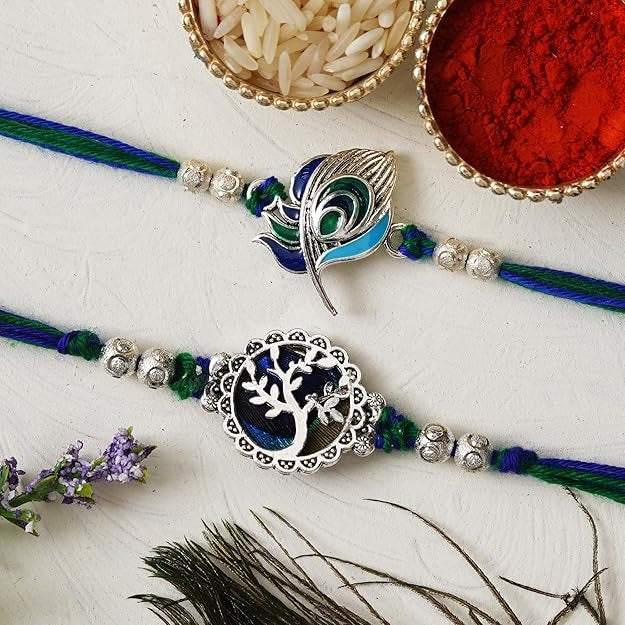 eCraftIndia Unisex Adult Set Of 2 Peacock Feather And Floral Designer Rakhis