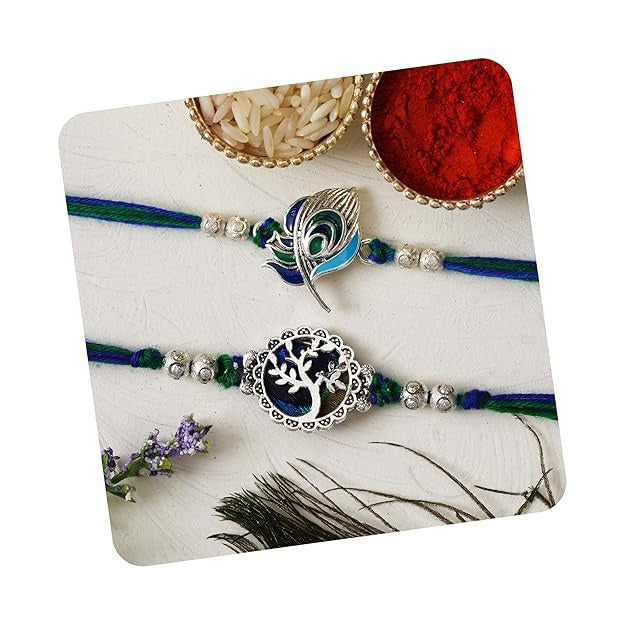 eCraftIndia Unisex Adult Set Of 2 Peacock Feather And Floral Designer Rakhis