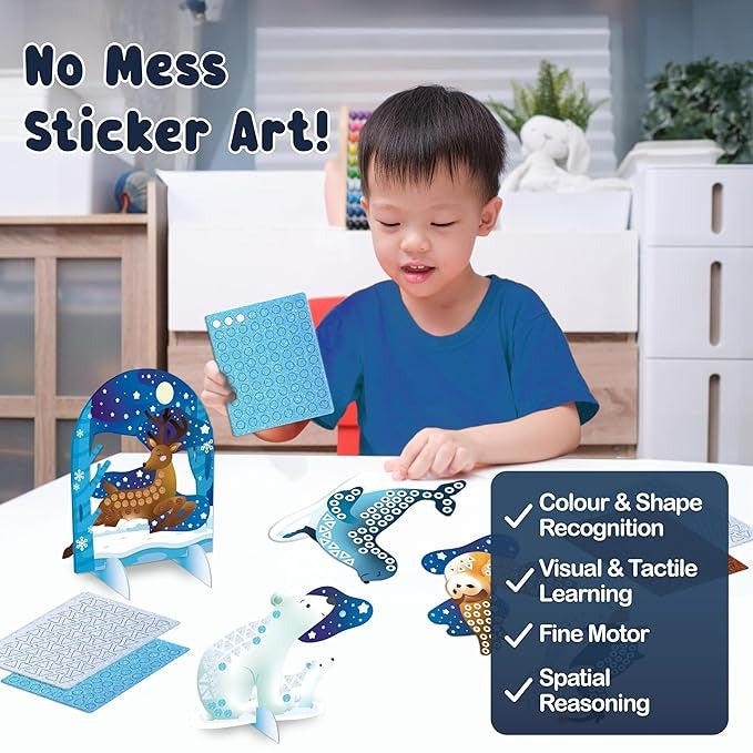 Binca Foam Sticker Mosaic Art Activity, 750+ 3D Glitter Foam Stickers 5 Winter Animals with Display Arch for Boys & Girls Ages 5,6,7,8