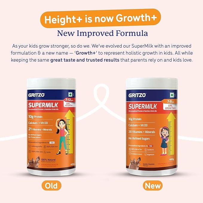 Gritzo SuperMilk Height+ (7-9y Girls) 10g Protein Powder Double Chocolate - 400 gms