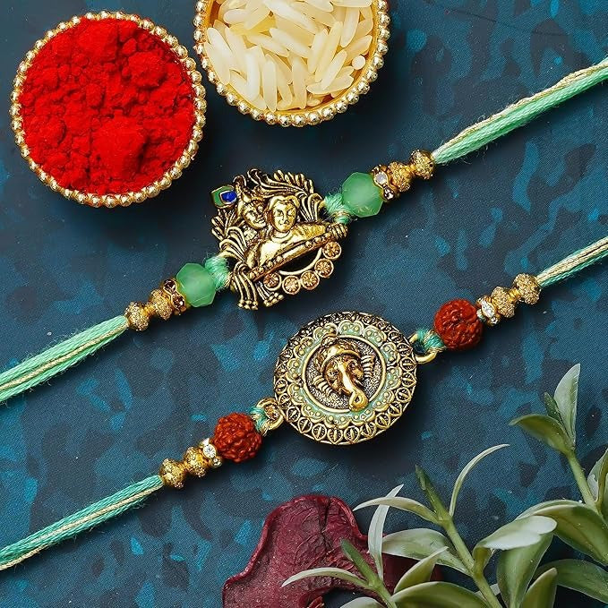 eCraftIndia Set of 2 Ganesha & Radha Krishna Rakhis