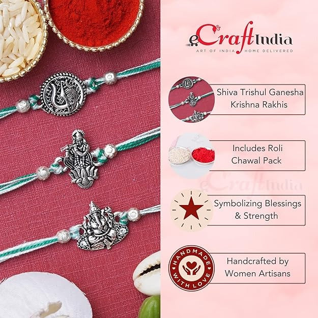 eCraftIndia Set of 4 Lord Ganesha, Krishna Flute with Peacock Feather, Lord Krishna Playing Flute