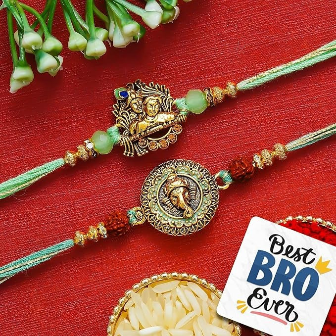 eCraftIndia Set of 2 Ganesha & Radha Krishna Rakhis