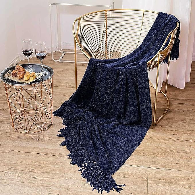 Cazimo Soft Chenille Premium Throw Blanket with Tassel Fringe Fade Resistant All Seasons Ultra