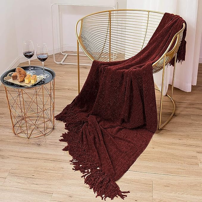 Cazimo Soft Chenille Premium Throw Blanket with Tassel Fringe Fade Resistant All Seasons Ultra