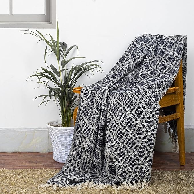 Cazimo Soft Throw Blanket for Bed Pure Cotton Blanket with Fringe Tassels for Couch Home Decor