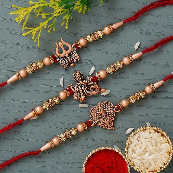 eCraftIndia Set of 3 Red & Golden Trishul with Damru, Lord Ganesha