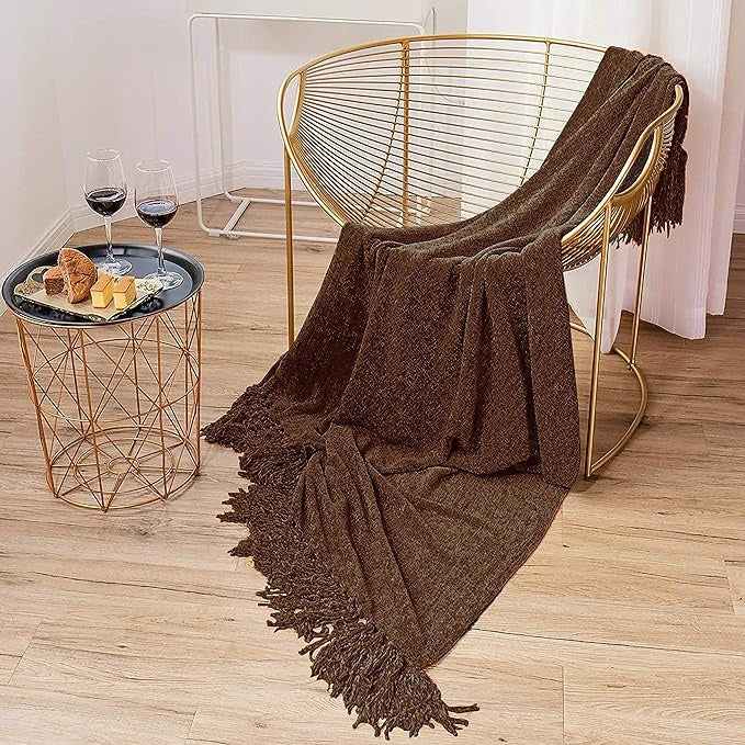 Cazimo Soft Chenille Premium Throw Blanket with Tassel Fringe Fade Resistant All Seasons Ultra