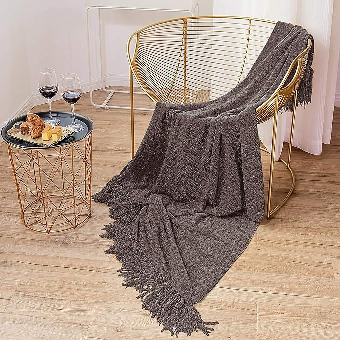 Cazimo Soft Chenille Premium Throw Blanket with Tassel Fringe Fade Resistant All Seasons Ultra