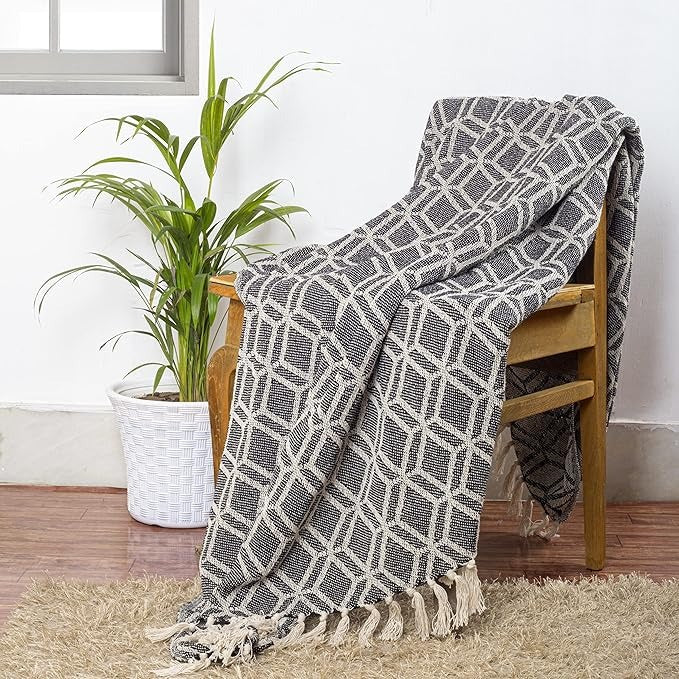 Cazimo Soft Throw Blanket for Bed Pure Cotton Blanket with Fringe Tassels for Couch Home Decor