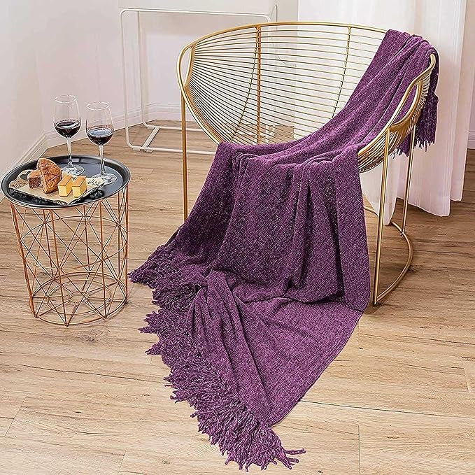 Cazimo Soft Chenille Premium Throw Blanket with Tassel Fringe Fade Resistant All Seasons Ultra