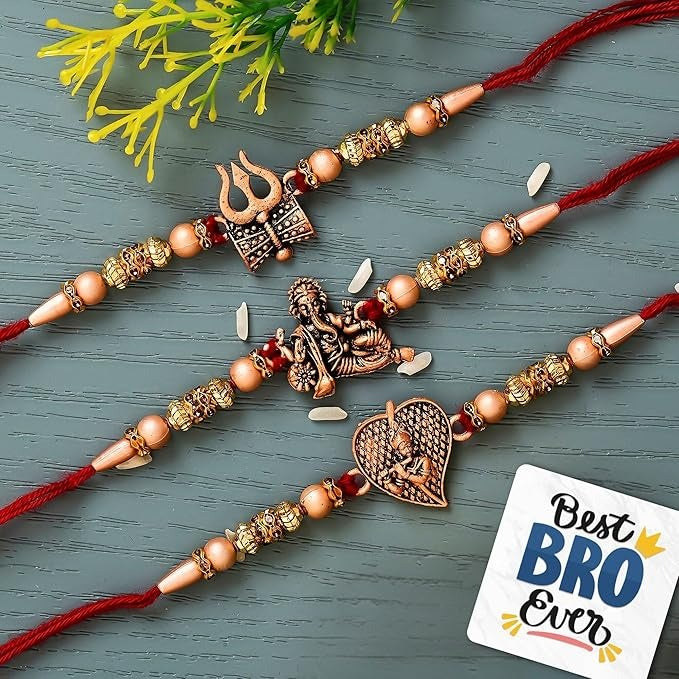 eCraftIndia Set of 3 Red & Golden Trishul with Damru, Lord Ganesha