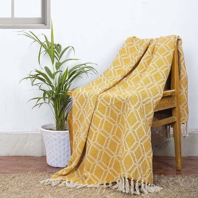 Cazimo Soft Throw Blanket for Bed Pure Cotton Blanket with Fringe Tassels for Couch Home Decor