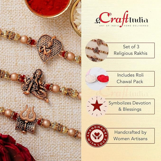 eCraftIndia Set of 3 Red & Golden Trishul with Damru, Lord Ganesha