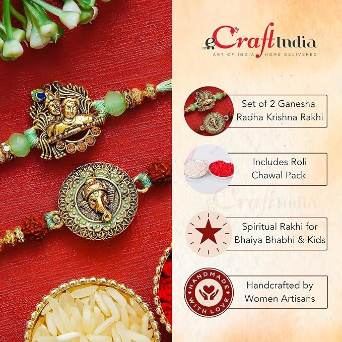 eCraftIndia Set of 2 Ganesha & Radha Krishna Rakhis