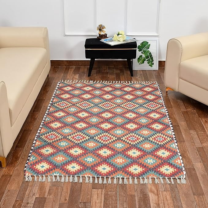 Homadorn Handmade Sustainable Printed Modern Dhurrie/Rugs/Carpet Colour Green