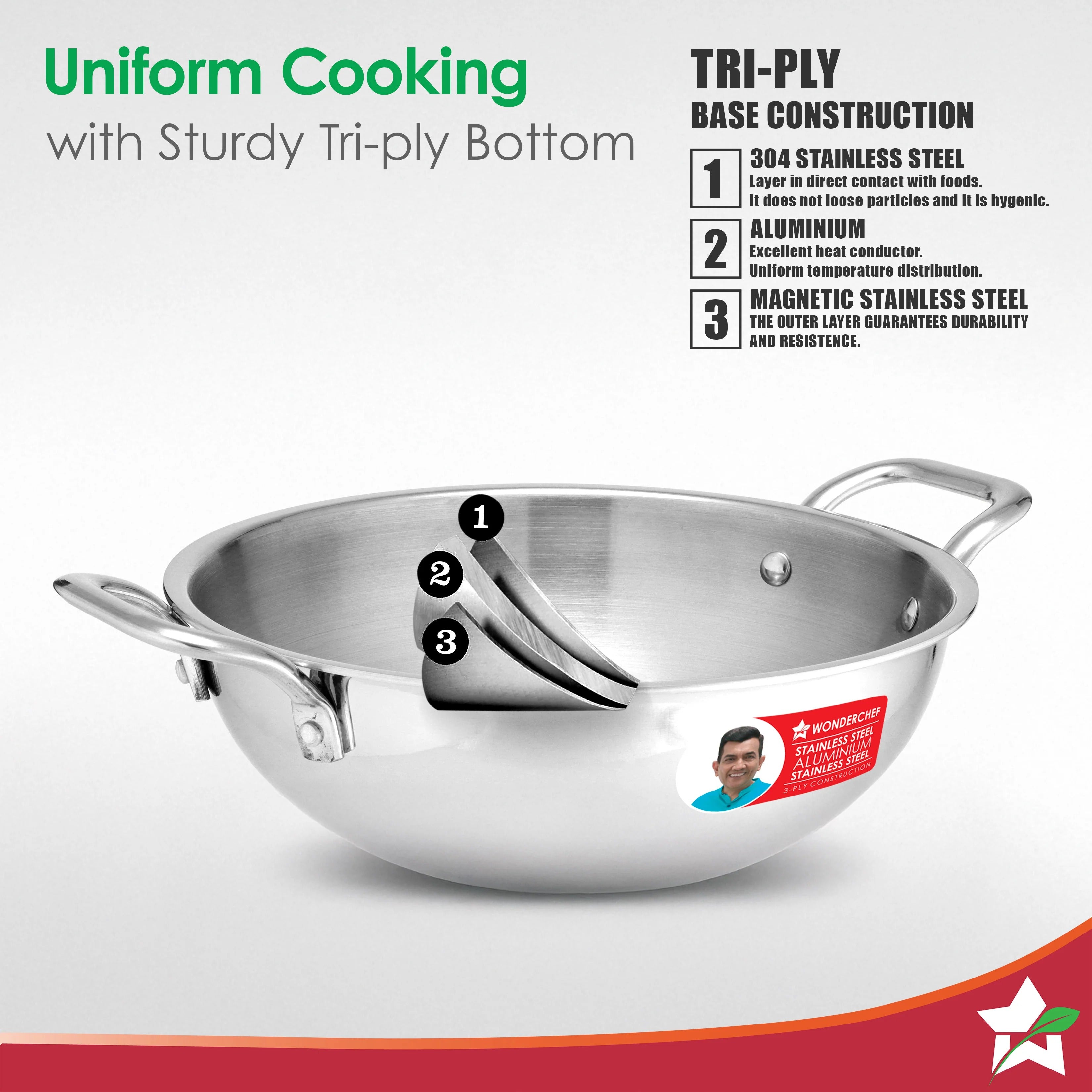 Wonderchef Venice Triply Stainless Steel 3 Pcs Cookware Set (Fry Pan 20cm + Kadhai 24cm)