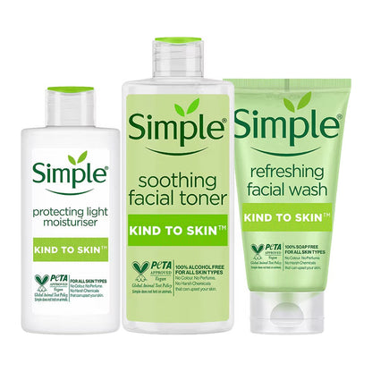 Simple Skincare Kind to Skin Refreshing Facial Wash, Soothing Facial Toner & Replenishing Rich Moisturiser Combo