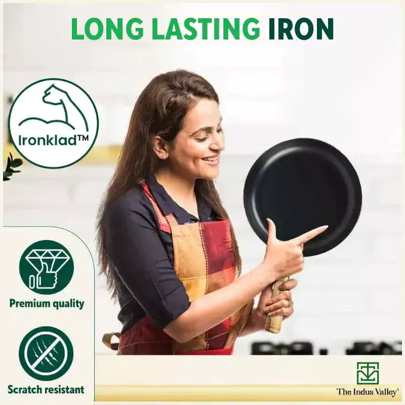 The Indus Valley 100% Pure Iron Cookware Set - Tawa + Fry Pan + Kadai + Free Tadka Pan