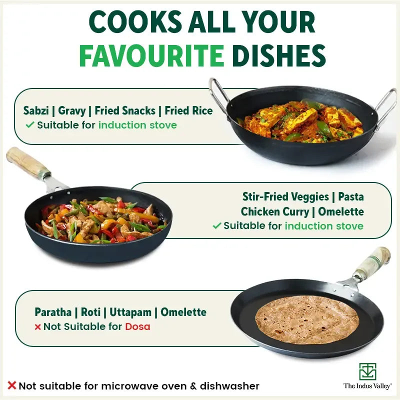 The Indus Valley 100% Pure Iron Cookware Set - Tawa + Fry Pan + Kadai + Free Tadka Pan