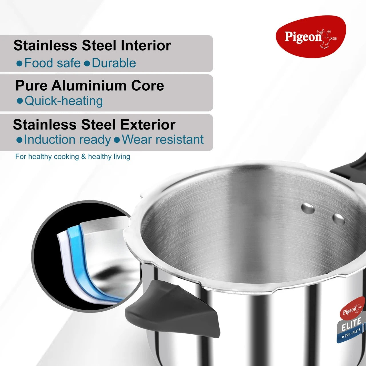 Pigeon Elite Shine Tri-Ply Stainless Steel Pressure Cooker 5L