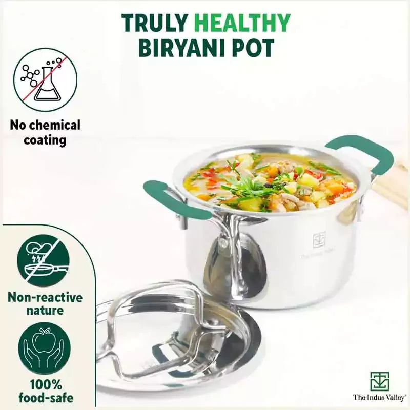 The Indus Valley Tri-Ply Stainless Steel Stockpot Casserole Biryani Pot with Steel Lid