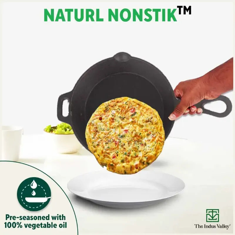 The Indus Valley Castrong Cast Iron Cookware Set - Tawa + Kadai + Fry Pan + Free Flip