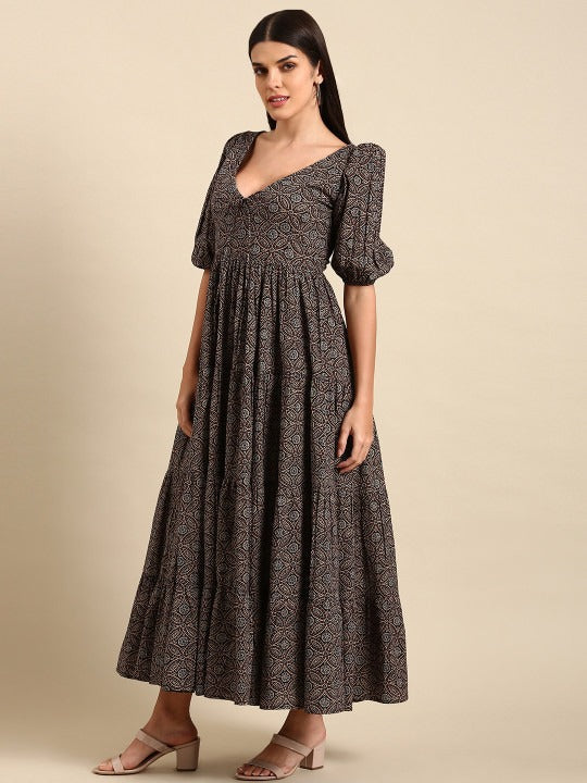 Anayna Black & Brown Floral Tie-Up Neck Ethnic Cotton Maxi Ethnic Dress