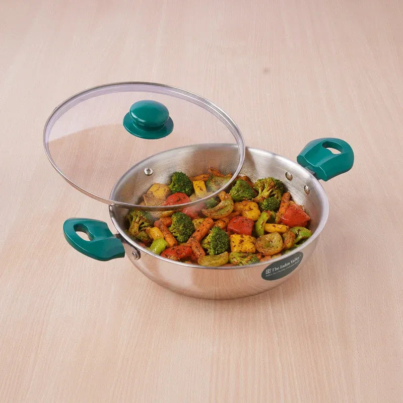 The Indus Valley Premium Stainless Steel Impact Bonded Kadai with Glass Lid 22-26cm