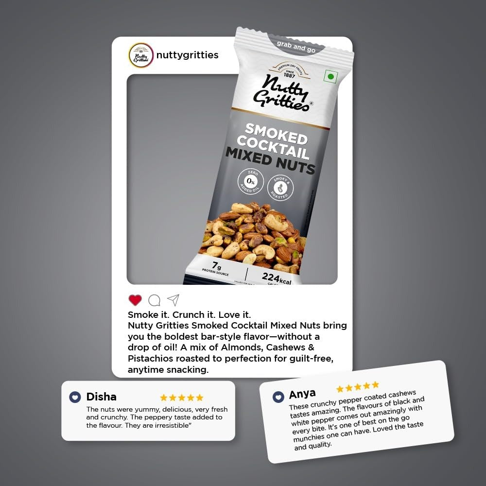 Nutty Gritties Grab And Go Smoked Cocktail Mixed Nuts - Pack of 6(40g Each Pack)