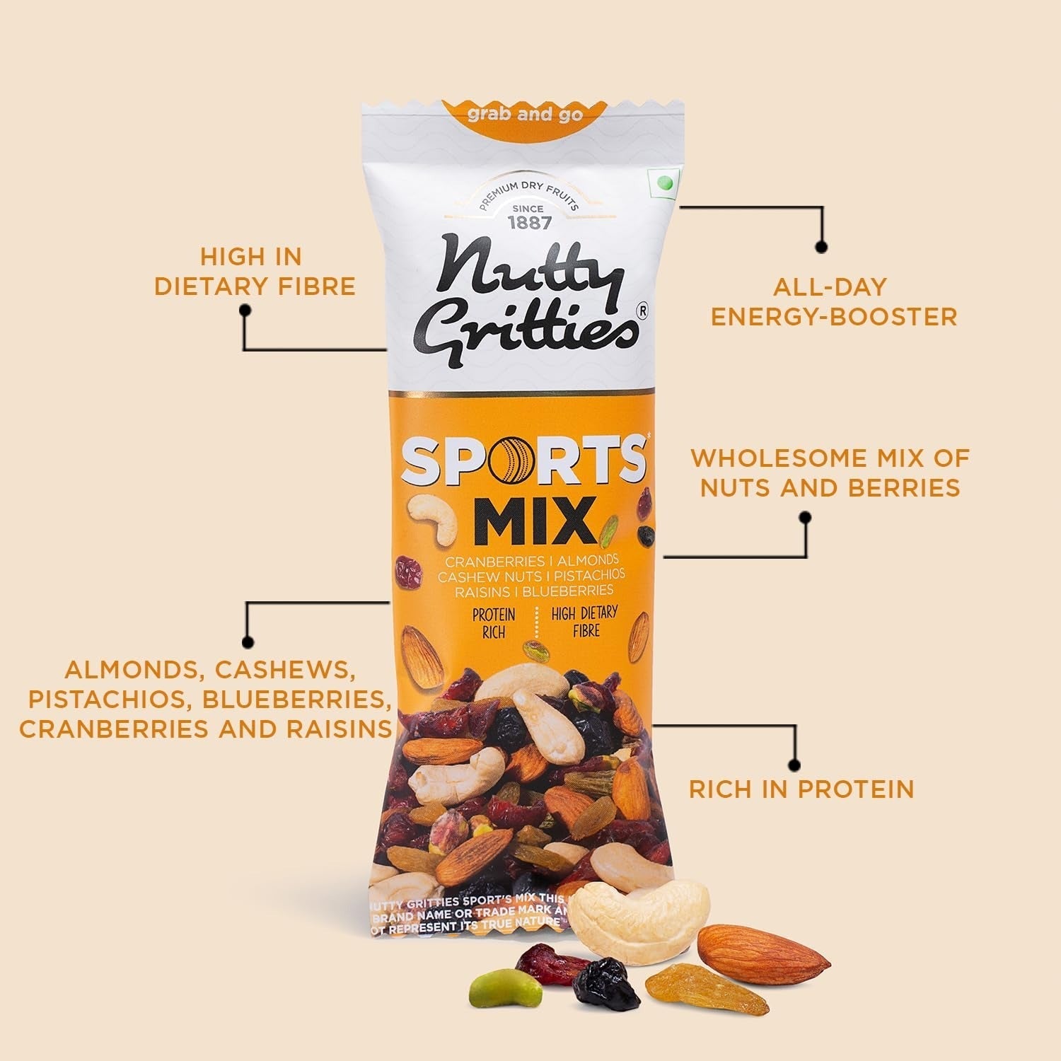 Nutty Gritties Grab And Go Sports Mix - Pack of 6(40g Each Pack)