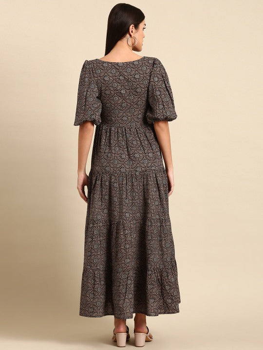 Anayna Black & Brown Floral Tie-Up Neck Ethnic Cotton Maxi Ethnic Dress