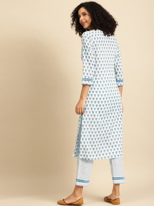 Anayna Women White & Blue Printed Kurta with Trousers