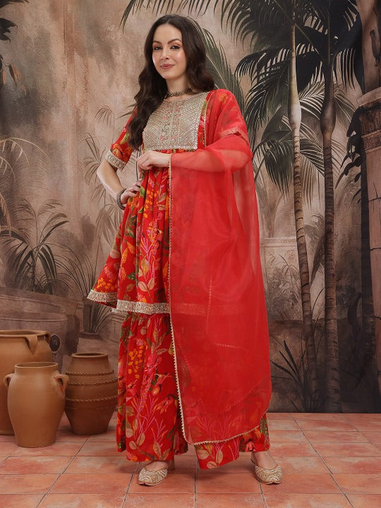 Sangria Women Floral Printed Pleated Kurta with Sharara & With Dupatta