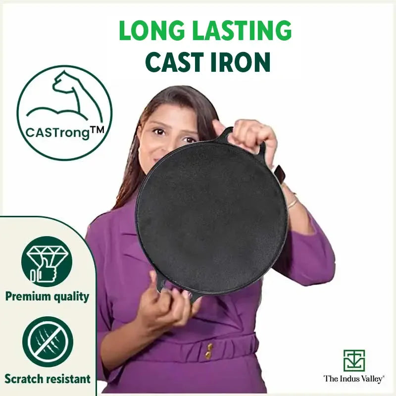 The Indus Valley Castrong Cast Iron Cookware Set - Tawa + Kadai + Fry Pan + Free Flip