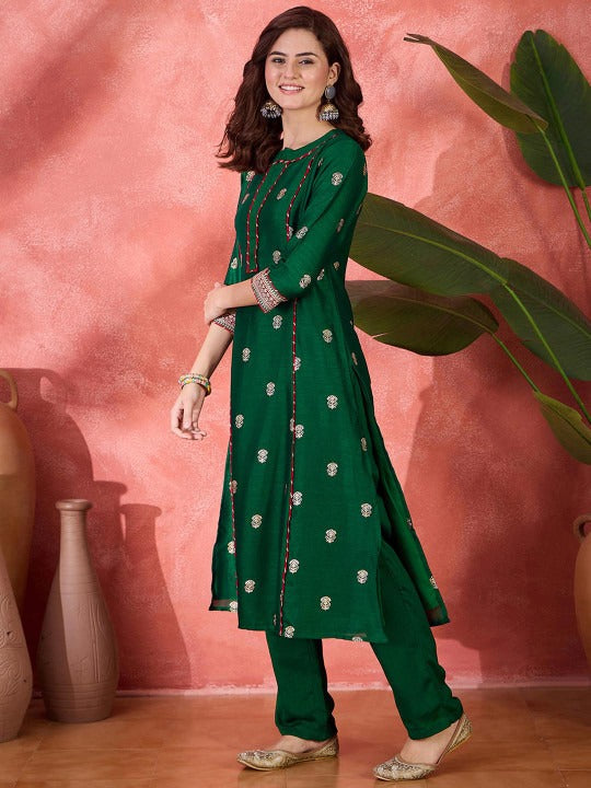 Sangria Foil Printed & Embroidered Kurta & Trouser Set