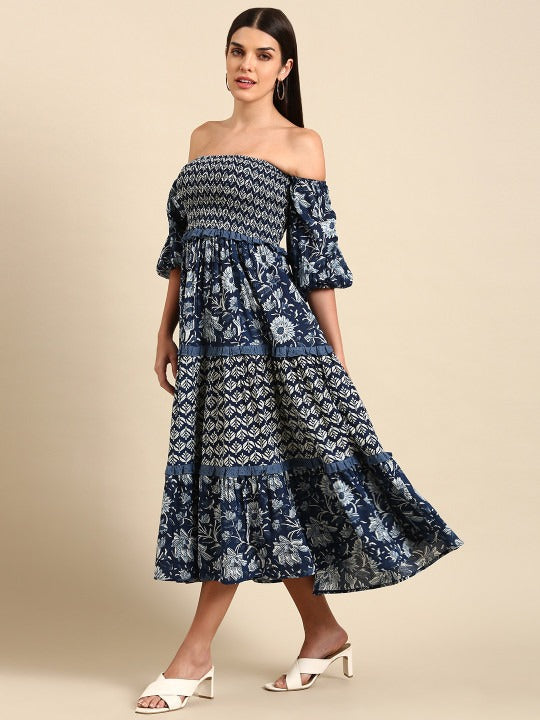 Anayna Blue Floral Ethnic A-Line Cotton Midi Ethnic Dress