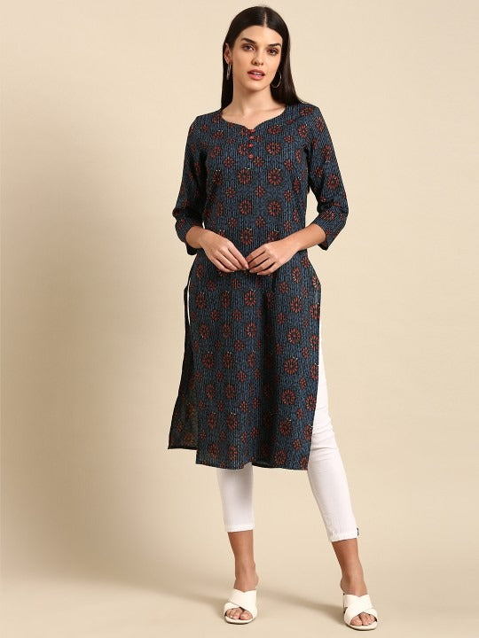 Anayna Women Navy Blue & Red Floral Printed Dobby Cotton Kurta