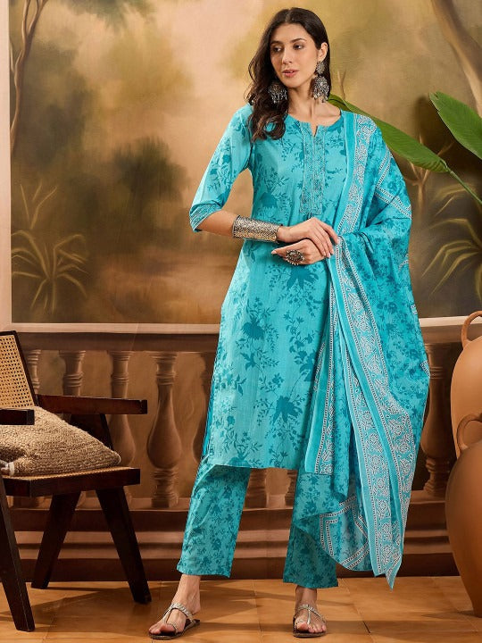 Sangria Women Floral Printed Cotton Kurta with Trousers & Dupatta